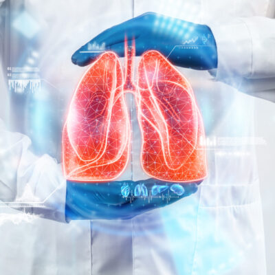 The doctor looks at the hologram of Lungs, checks the test result on the virtual interface and analyzes the data. Pneumonia, donation, innovative technologies, medicine of the future